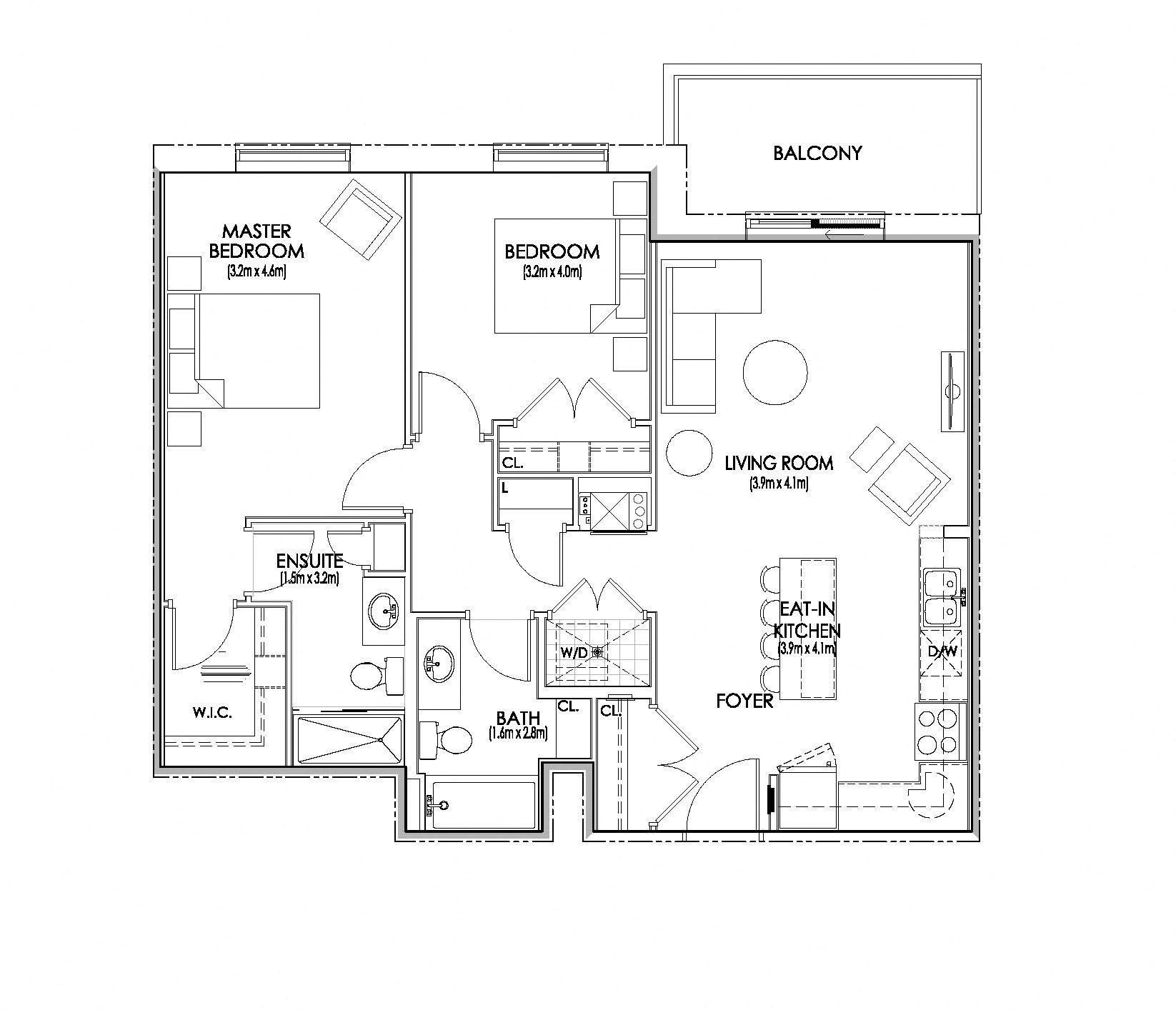 Floor plan for 2 beds, 2 baths, 1028 sqft